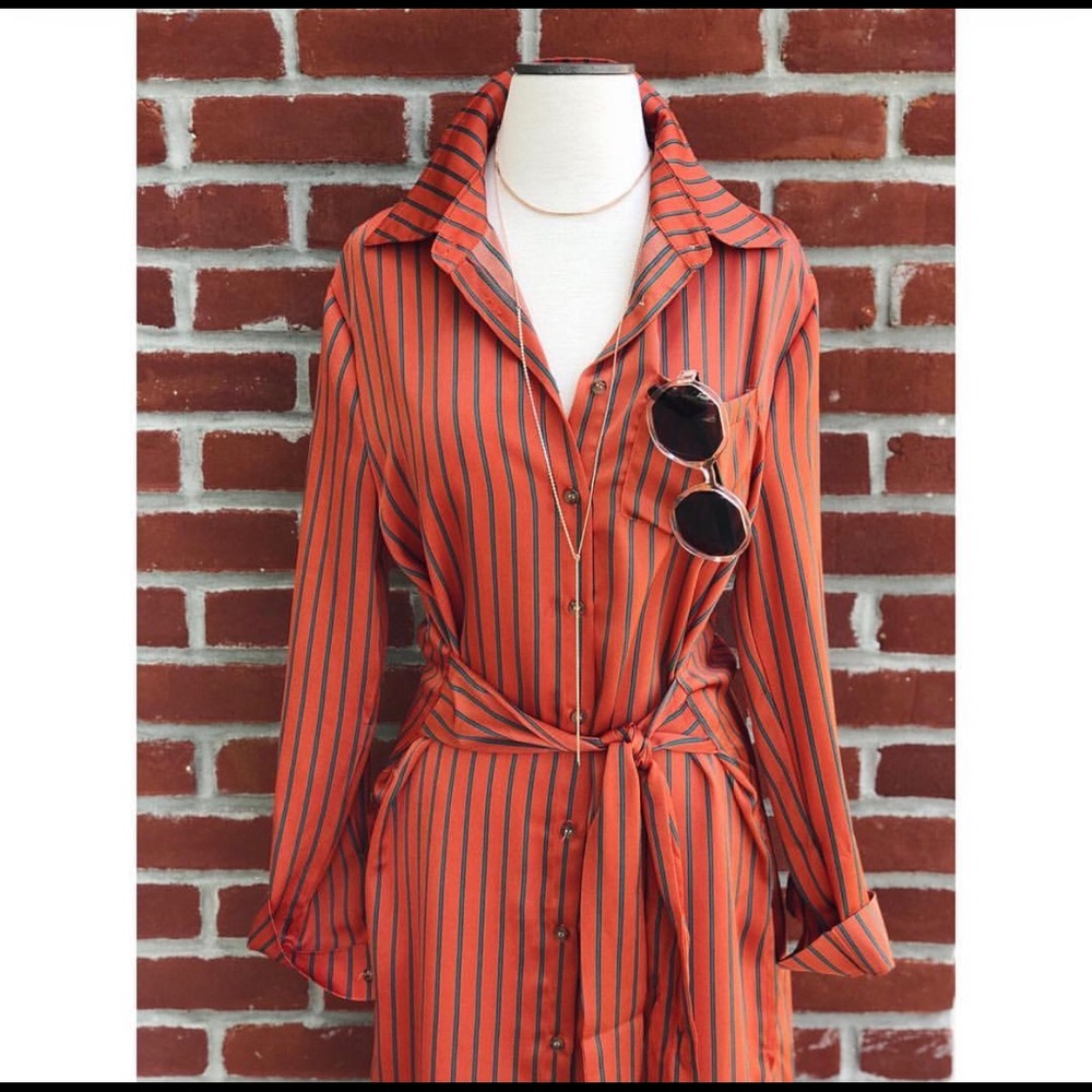 Striped Orange Shirt Dress with Waist Tie
